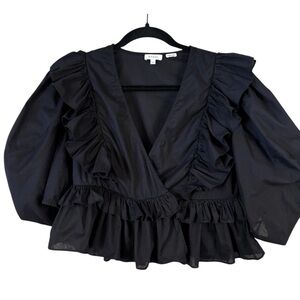 RHODE Elodie Ruffle Blouse in Black Medium M V-Neck Cotton Peplum Top Shirt